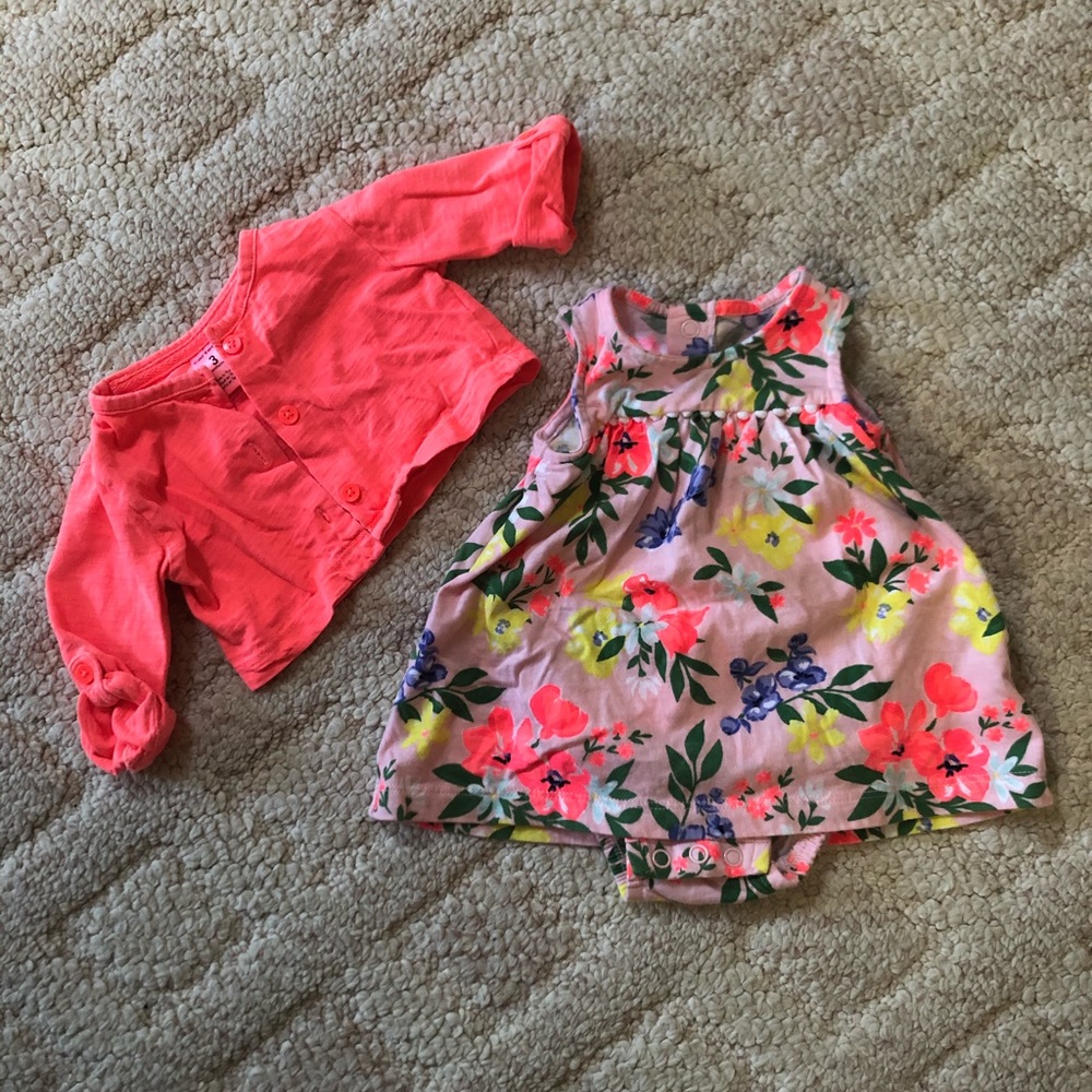 Brightly colored floral dress and button down top